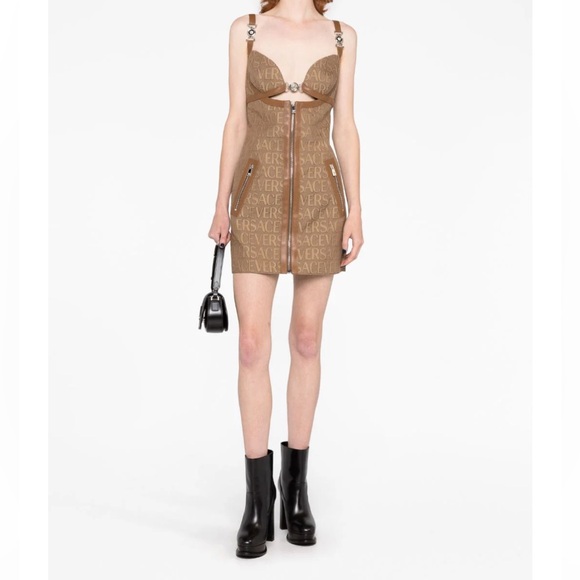 Versace Logo Print Cut Out Monogram Mini Dress Leather Trims IT 42 US 6 $3050 - Picture 6 of 17